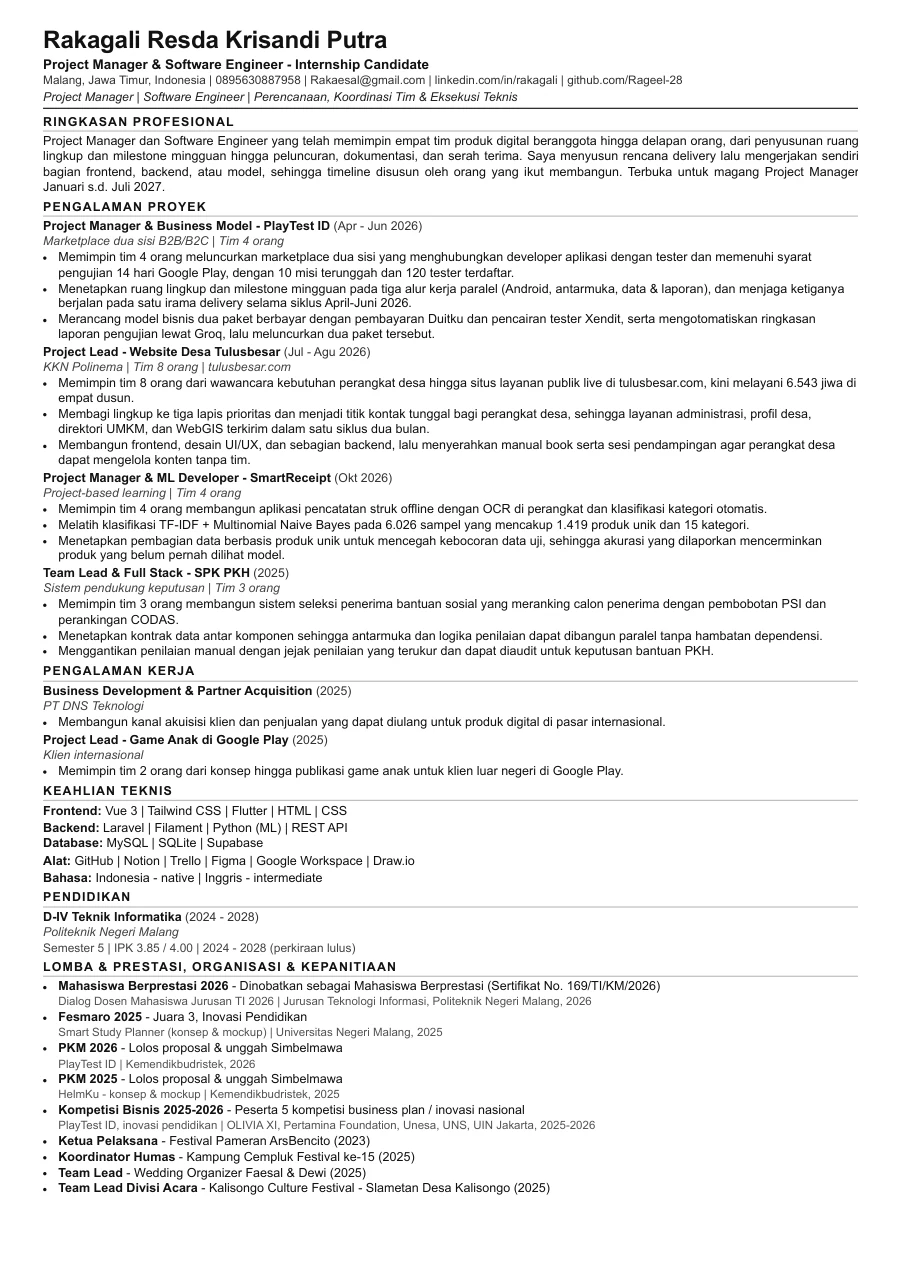 Pratinjau CV satu halaman