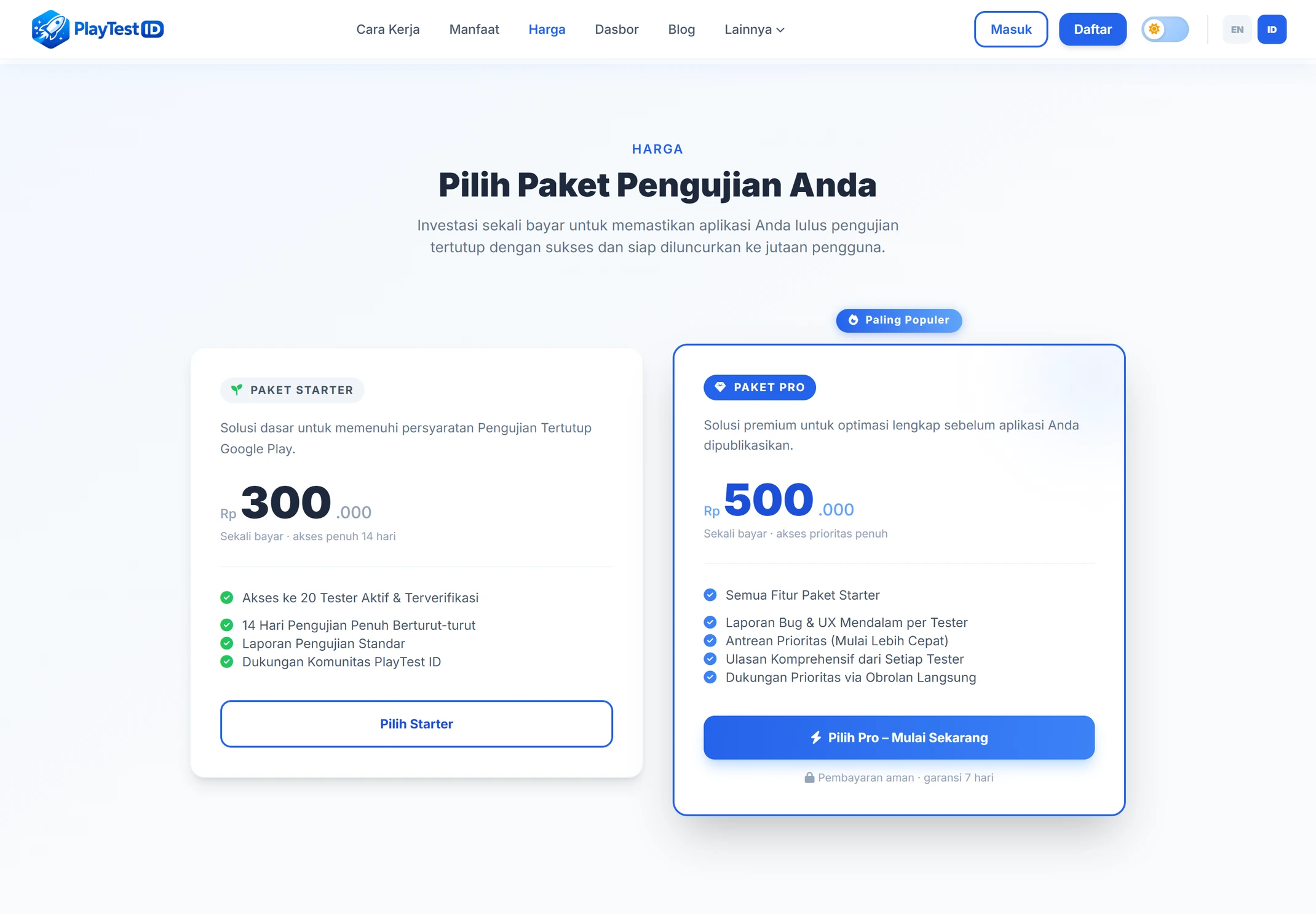 Dua paket berbayar dengan rincian manfaat