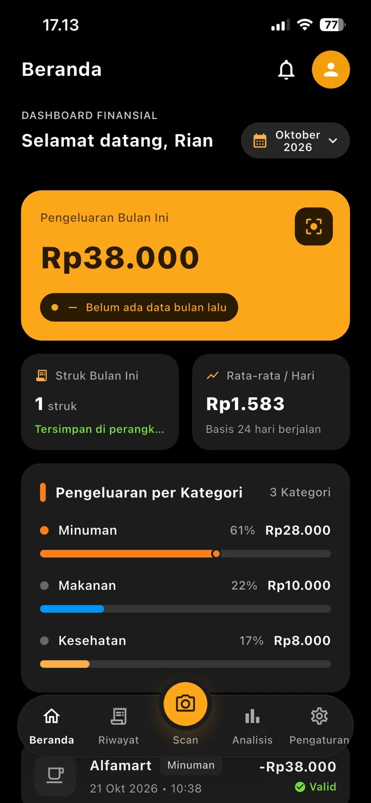 SmartReceipt — Beranda mode gelap dengan rincian per kategori