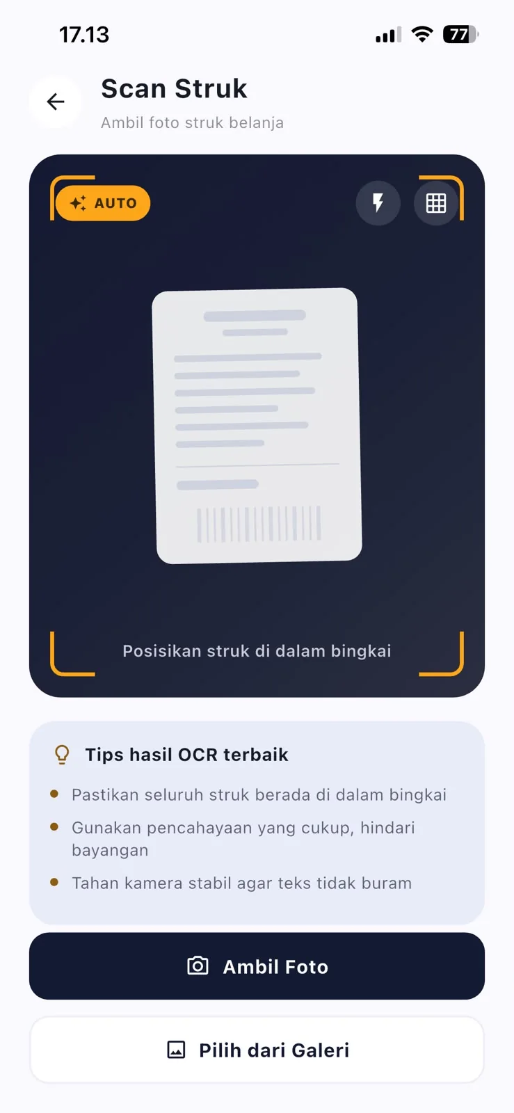 Hasil pemindaian struk dan klasifikasi otomatis