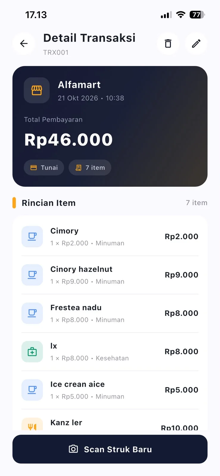 Riwayat struk tersimpan di perangkat